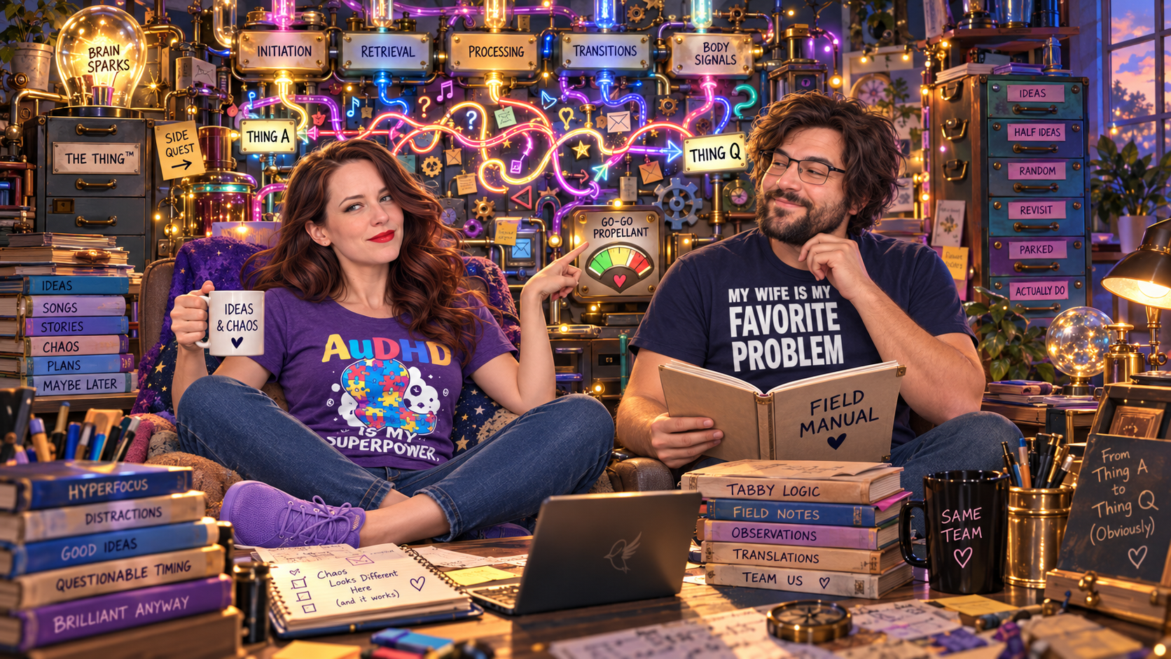 Tabitha and Sam in the colorful Tabby Logic control room, with Sam reading the field manual and Tabitha pointing toward the Go-Go Propellant gauge.