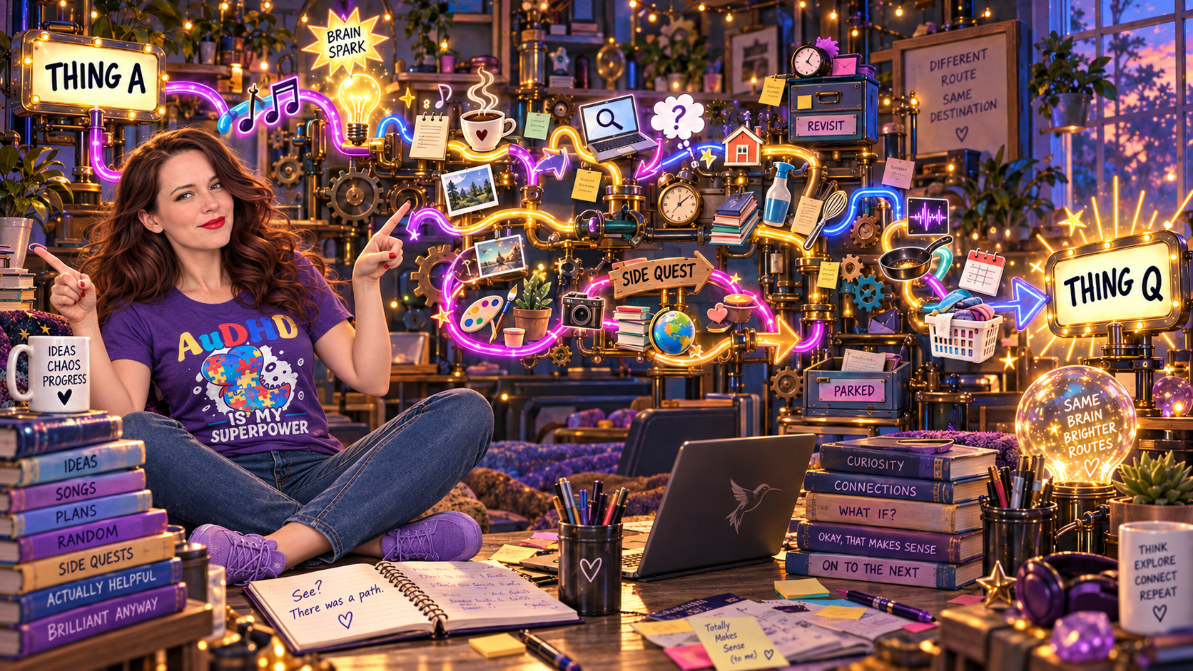 Tabitha beside a colorful continuous thought path winding from Thing A through many connected ideas and a side quest to Thing Q.